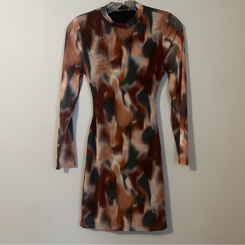 I Saw It First Brown Multicolor Long Sleeve Mini Open Back Dress Size 4